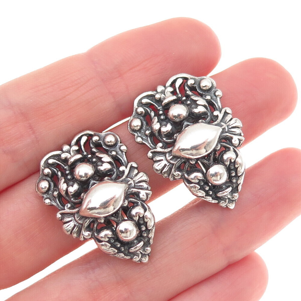 925 Sterling Silver Antique Art Deco Floral Oxidized Clip On Earrings
